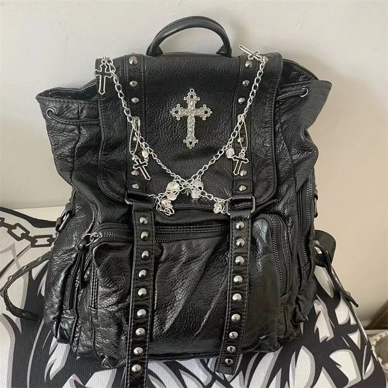 KOOPER™ Original Punk Skull Chain Backpack – Soft Leather Gothic School & Streetwear Bag