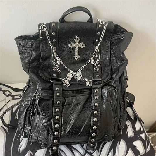 KOOPER™ Original Punk Skull Chain Backpack – Soft Leather Gothic School & Streetwear Bag