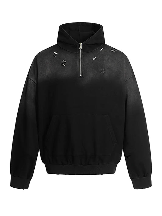 KOOPER™ Gradient Red Ripped Zip Hoodie – Loose Fit Autumn Streetwear for Women