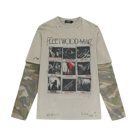 KOOPER™ Luxury Retro Rock Graffiti Shirt – Fake Two-Piece Camouflage Long Sleeve Tee