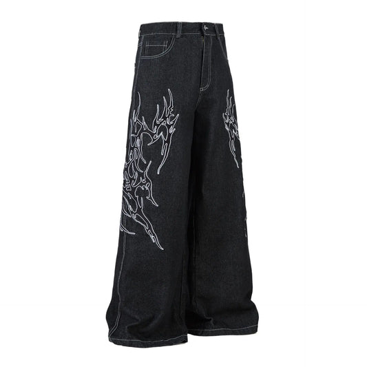 KOOPER™ Vintage Embroidered Black Jeans – Loose Fit Wide Leg Streetwear