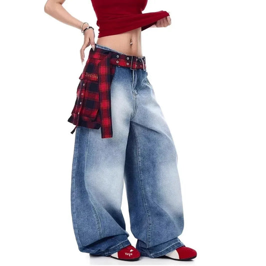 KOOPER™ Retro Plaid Wide-Leg Jeans – High-Waist Straight Cut Vintage Streetwear
