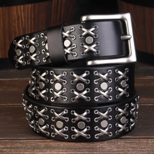KOOPER™ 3.8CM Genuine Leather Rivet Belt – Vintage Cowboy Punk Style