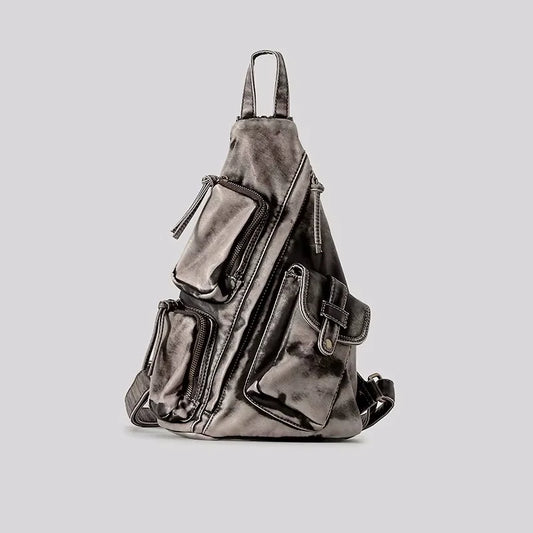 KOOPER™ Washed Leather Sling Backpack – Vintage Multi-Pocket Punk Style Bag