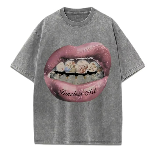 KOOPER™ Seductive Lips Print Tee – Oversized Washed Cotton Hip Hop Style