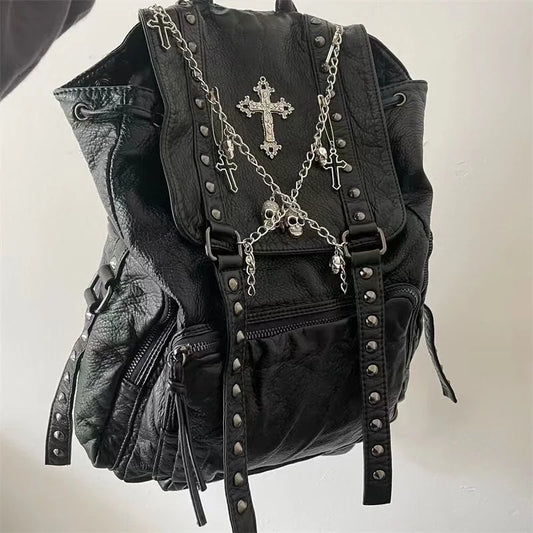KOOPER™ Original Punk Skull Chain Backpack – Soft Leather Gothic School & Streetwear Bag