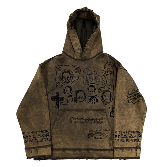 KOOPER™ Washed Vintage Abstract Hoodie – Oversized High Street Y2K Pullover