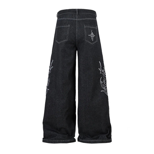 KOOPER™ Vintage Embroidered Black Jeans – Loose Fit Wide Leg Streetwear