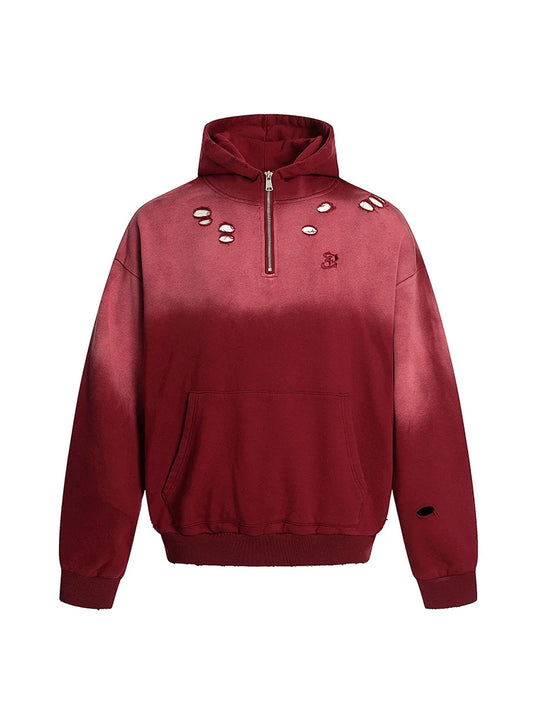 KOOPER™ Gradient Red Ripped Zip Hoodie – Loose Fit Autumn Streetwear for Women
