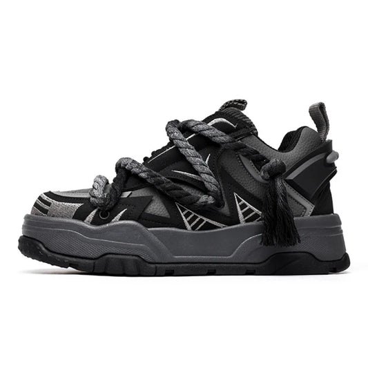 KOOPER™ Carbon Y2K Black Punk Skate Sneakers – Unisex Cowhide & Polyester Streetwear