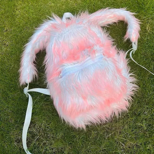 KOOPER™ Ice Blue & Pink Faux Fur Backpack – Kawaii Fluffy School & Travel Bag