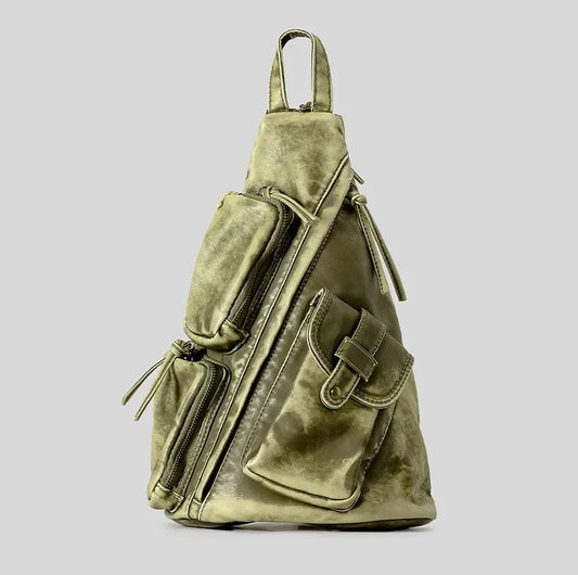KOOPER™ Washed Leather Sling Backpack – Vintage Multi-Pocket Punk Style Bag