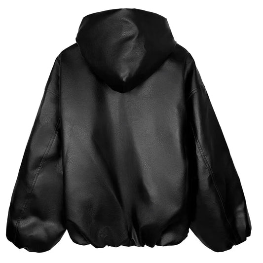 KOOPER™ High Street Black PU Leather Windbreaker – Oversized Unisex Hooded Jacket