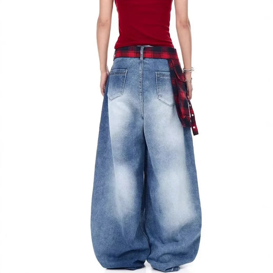 KOOPER™ Retro Plaid Wide-Leg Jeans – High-Waist Straight Cut Vintage Streetwear