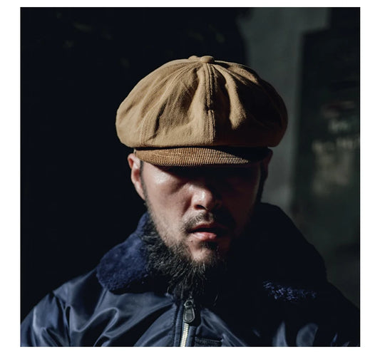 KOOPER™ Octagonal Newsboy Cap – Khaki Cotton Short Brim Streetwear Hat