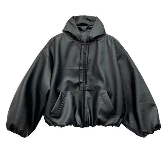 KOOPER™ High Street Black PU Leather Windbreaker – Oversized Unisex Hooded Jacket