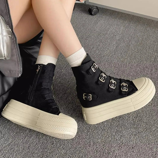 KOOPER™ Women’s High-Top Canvas Boots – Buckle Strap & Side Zip Streetwear