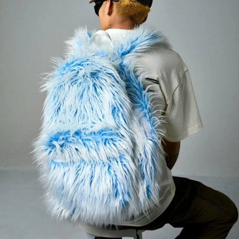KOOPER™ Ice Blue & Pink Faux Fur Backpack – Kawaii Fluffy School & Travel Bag